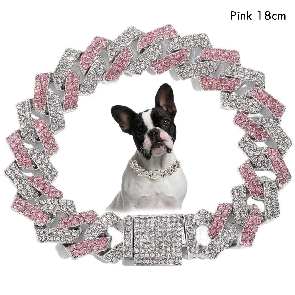 Regalo creativo, cadena de eslabones, Collar de cadena de diamantes para perro con incrustaciones de diamantes de imitación, Collar de cadena de eslabones de Hip Hop, Collar de cristal ostentoso de 15mm para mascotas