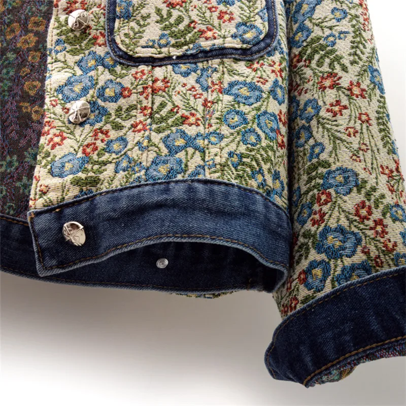 

Fashion Embroidery Jacquard Spliced Big Pocket Denim Jacket Women Long Sleeve Cowboy Outerwear Casual Short Jeans Jacket Female