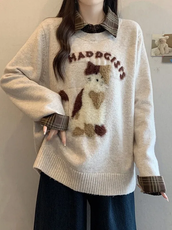 

Женский повседневный свитер больших размеров с вышивкой, имитация двухслойности, трикотаж, осень-зима, новинка, свободный крой, универсальный, для отдыха