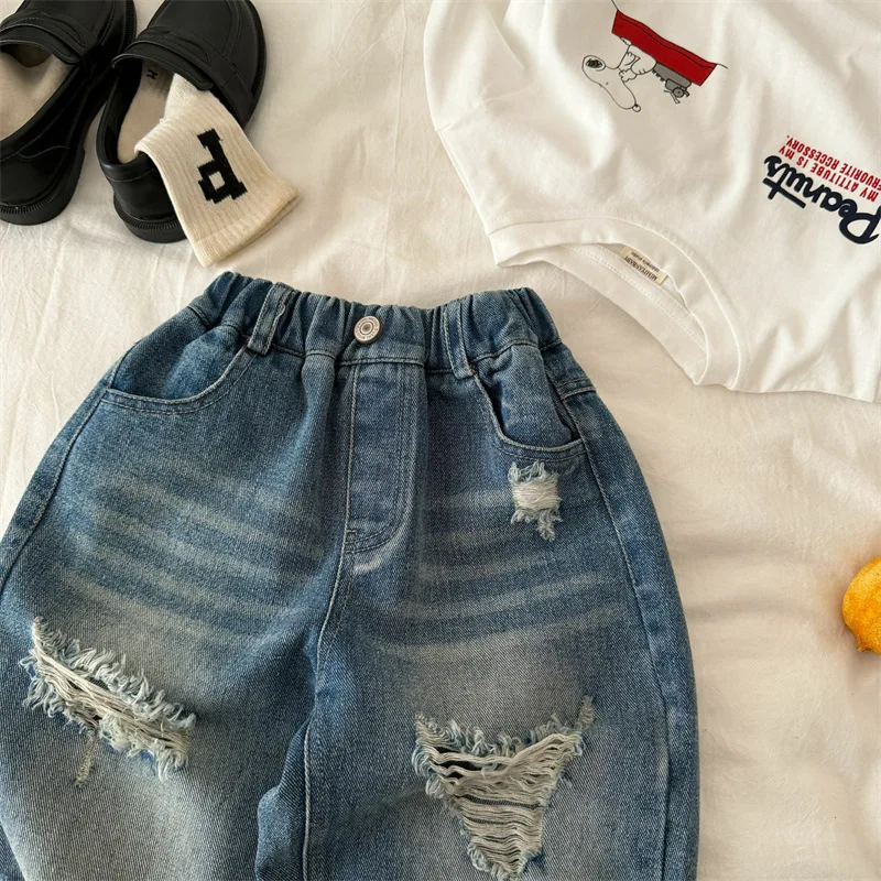 Children's Long Pants 2026 Spring New Arrival Boys' and Girls' Unique Ripped Jeans Baby Casual Pants