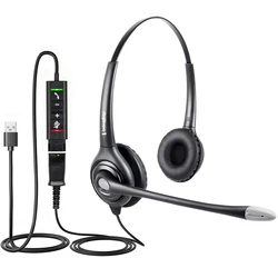 VoiceJoy USB Plug Corded Binaural Headphone Call Center Noise Cancelling Headset with Microphone Support Microsoft Teams