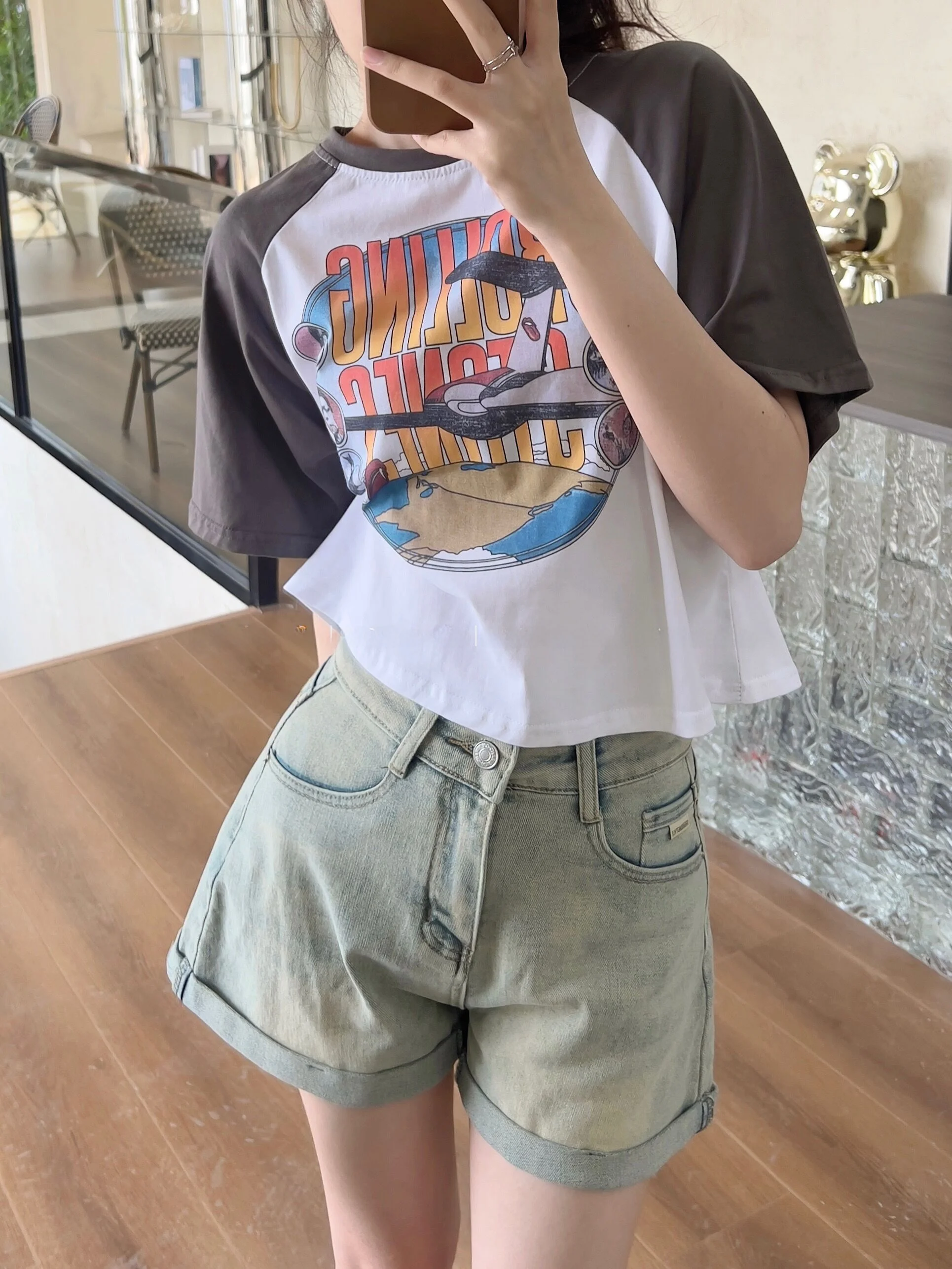 

Джинсы с высокой талией и эффектом потертости, женские летние винтажные хлопковые эластичные широкие брюки с контролем живота, джинсы средней длины