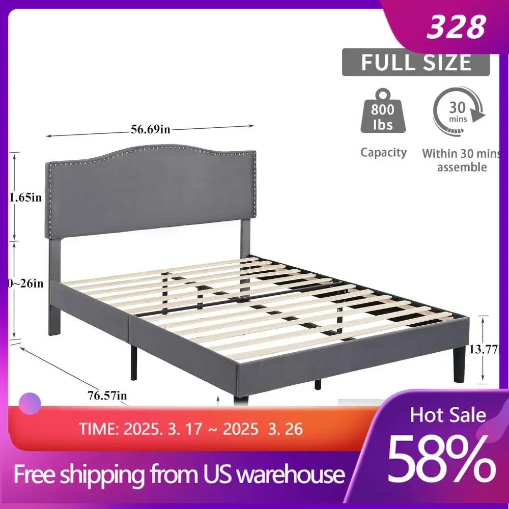 

Full Bed Frame Platform Bed Frame w Upholstered Headboard,Frame and Heavy-Duty Slats Support,NonSlip and NoiseFree,Easy Assembly