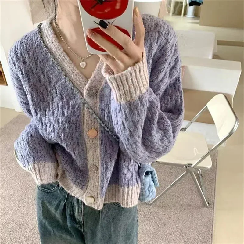 2024 Purple Patchwork Knitted Cardigan Women New Korean Spring Autumn Warm Soft V-neck Sweater Versatile Loose Knitting Jackets