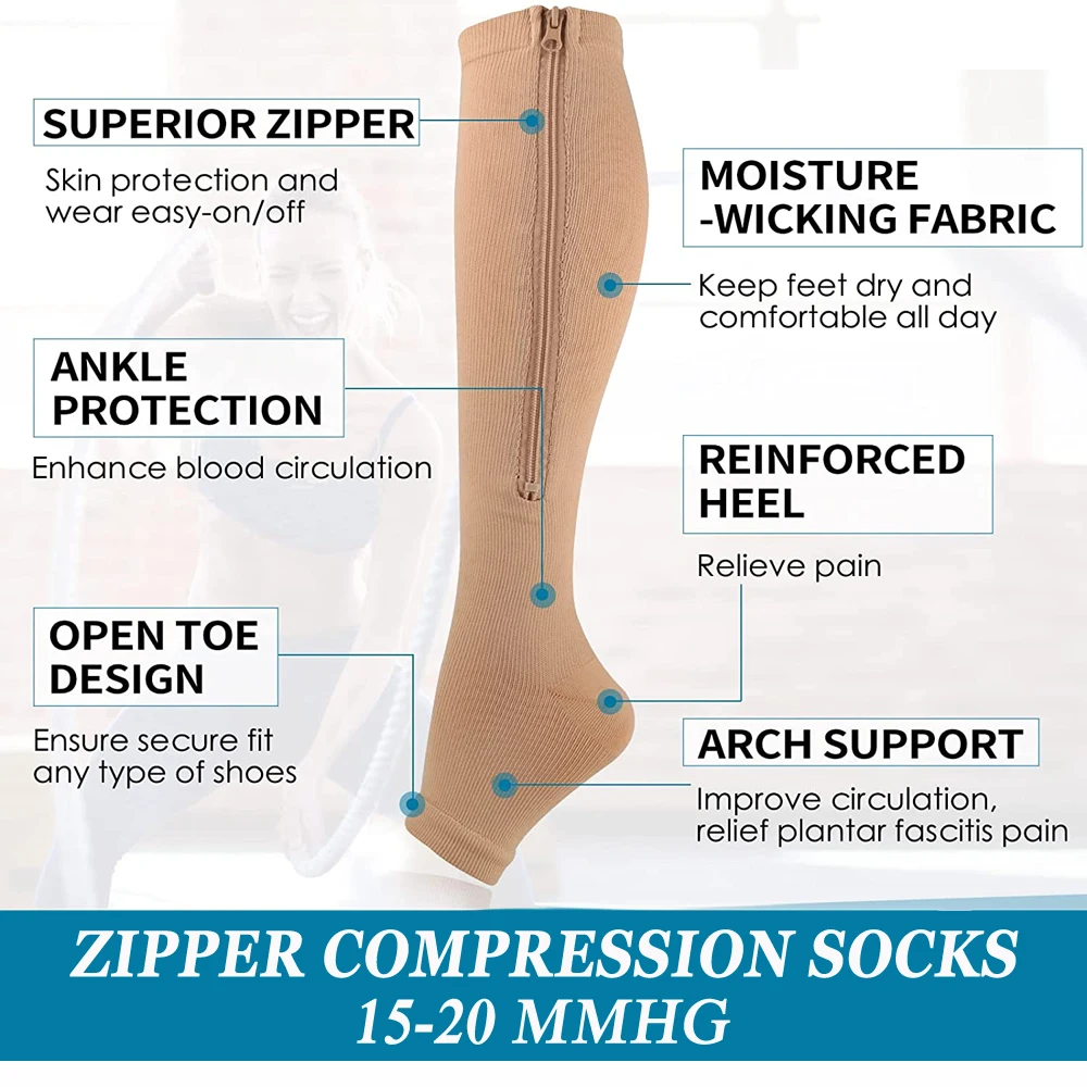 1Pair Compression Socks for Women and Men, Zipper 15-20 mmHg Toe Open Leg Support Stocking Knee High Socks For Swelling & Pain