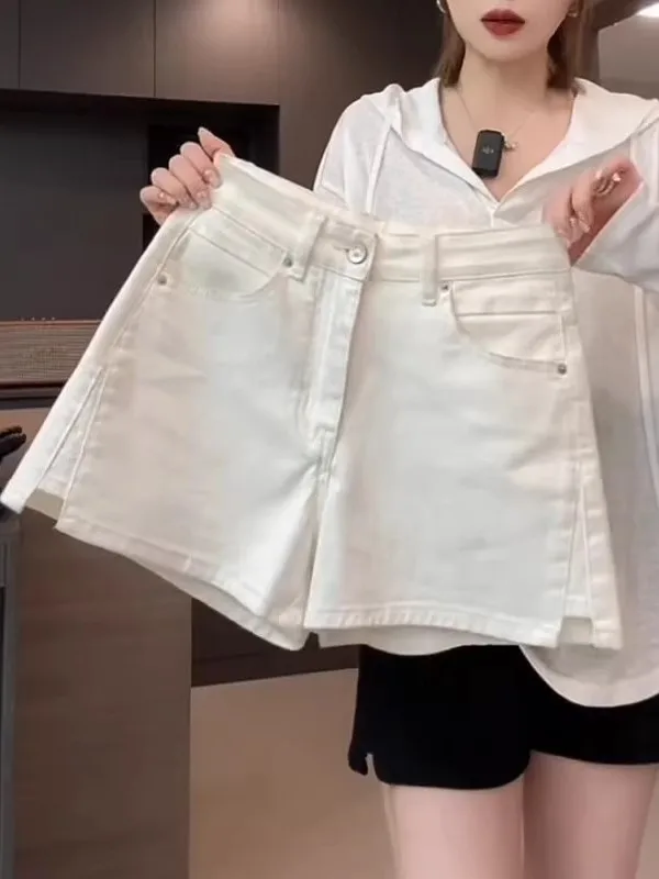 

American High Waist Wide Leg Denim Shorts Women Summer plus Size Design Loose Slimming Slit A-Line Hot Pants Commute Style