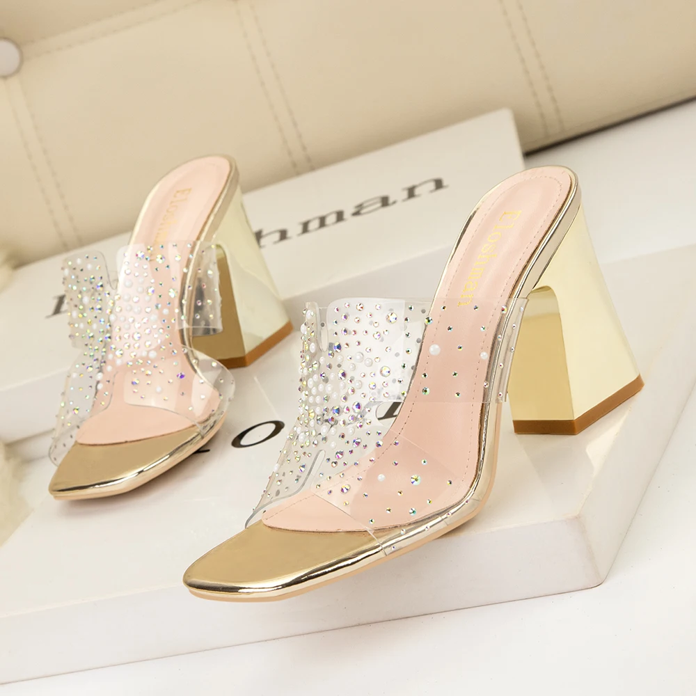 

2023 Sexy Transparent PVC Summer Women Shoes Head Peep Toe Spike Heel Fashion Modern Slippers Party Crystal Shallow Polka Dot