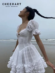 CHEERART Puff Sleeve Backless White Corset Dress For Women Summer 2023 Square Neck Tunics Ball Gown Mini Luxury Dress