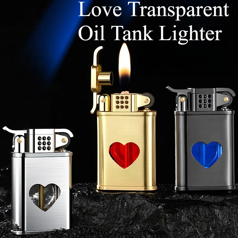 

New Love Transparent Oil Tank Lighter Metal Fashion Grinding Wheel Open Flame Fuel Igniter