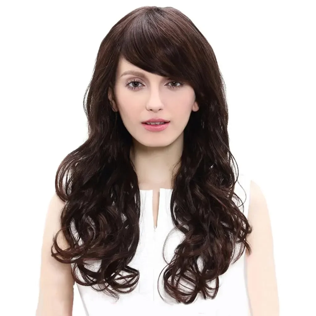 

Wigs Real Human Hair Curly Wavy Wig Deep Chestnut Color Oblique Bangs Heat