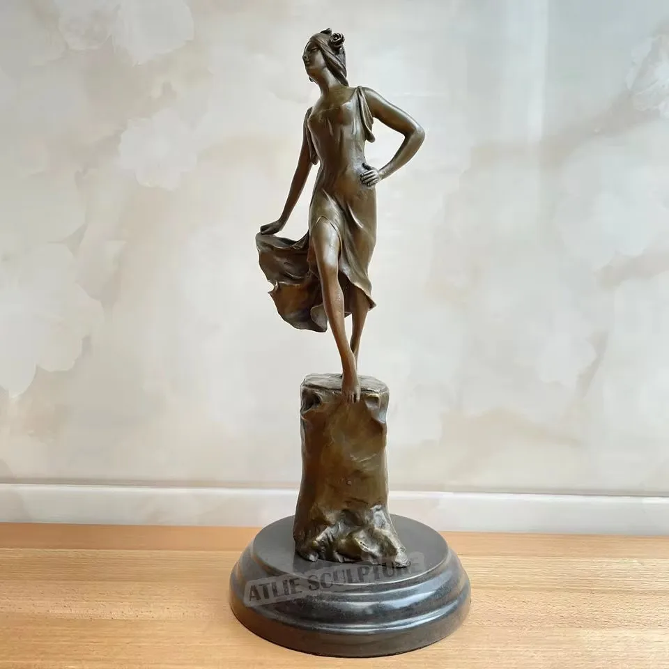 Dance on Stump Woman Bronze Statue Sculpture Hot Casting Marble Base Classical Female Art Indoor Decor