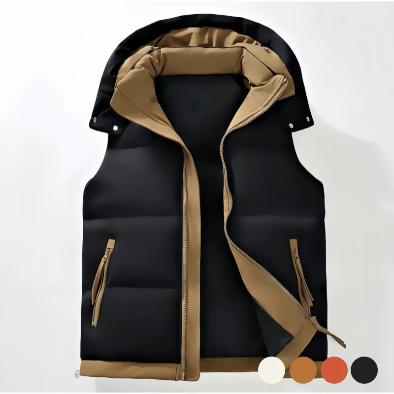Detachable Hooded Padded Vest for Men, Color-Blocked Warm Sleeveless Jacket, Thickened Outerwear for Autumn and Winter, Zippered Pockets, Loose Casual Cotton Vest
