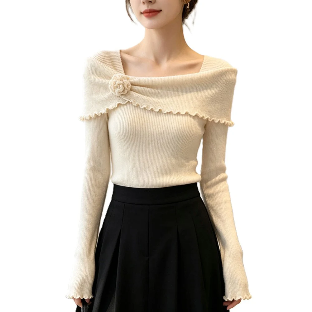 Women's Solid Color Flower Long Sleeved Knitted Slimming Tops V-shaped Hem And Wide Neckline Design Sweater
