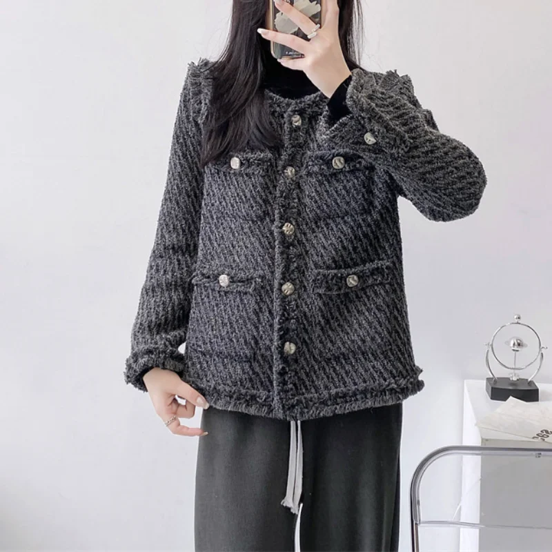 Autumn Winter Vintage Wool Tweed Coat Women's Loose Casual Round Neck Warm Cotton Lining Dark Gray Small Fragrance Coat 1692