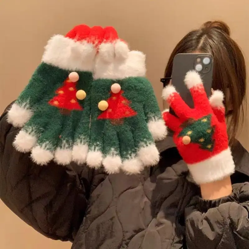

Warm Knitted Gloves CuteSnowflake Christmas Tree Gloves Fluffy Fur Five Finger Split Finger Gloves Touch Screen Student Gloves