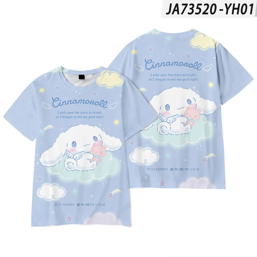 Anime Cinnamoroll camiseta de manga curta, impresso digital em torno do pescoço roupas para adultos e crianças, Hello Kitty, Novo