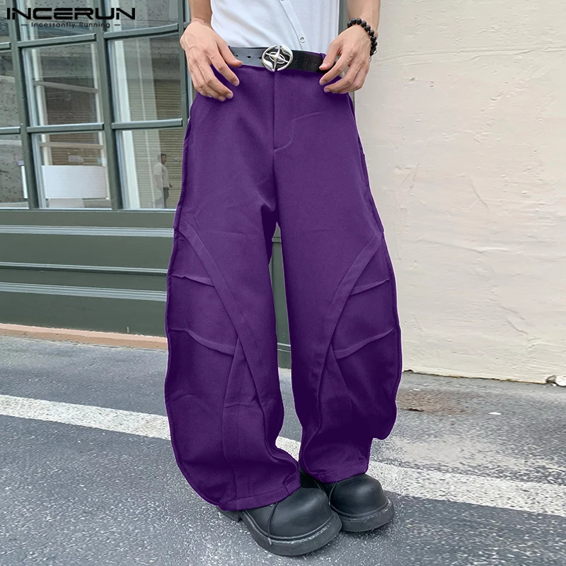 INCERUN 2024 Korean Style Trousers Fashion Mens Solid Curved Pant Casual Streetwear Male Hot Sale Loose Wide Leg Pantalons S-5XL