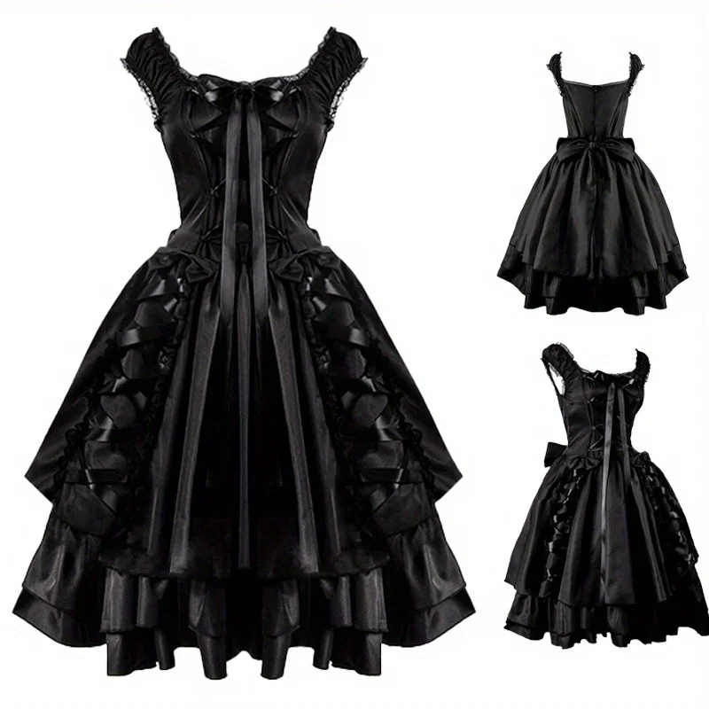 

Halloween Cosplay Costume Lace Collar Women's Classic Black Layered Lace-Up Goth Lolita Dress
