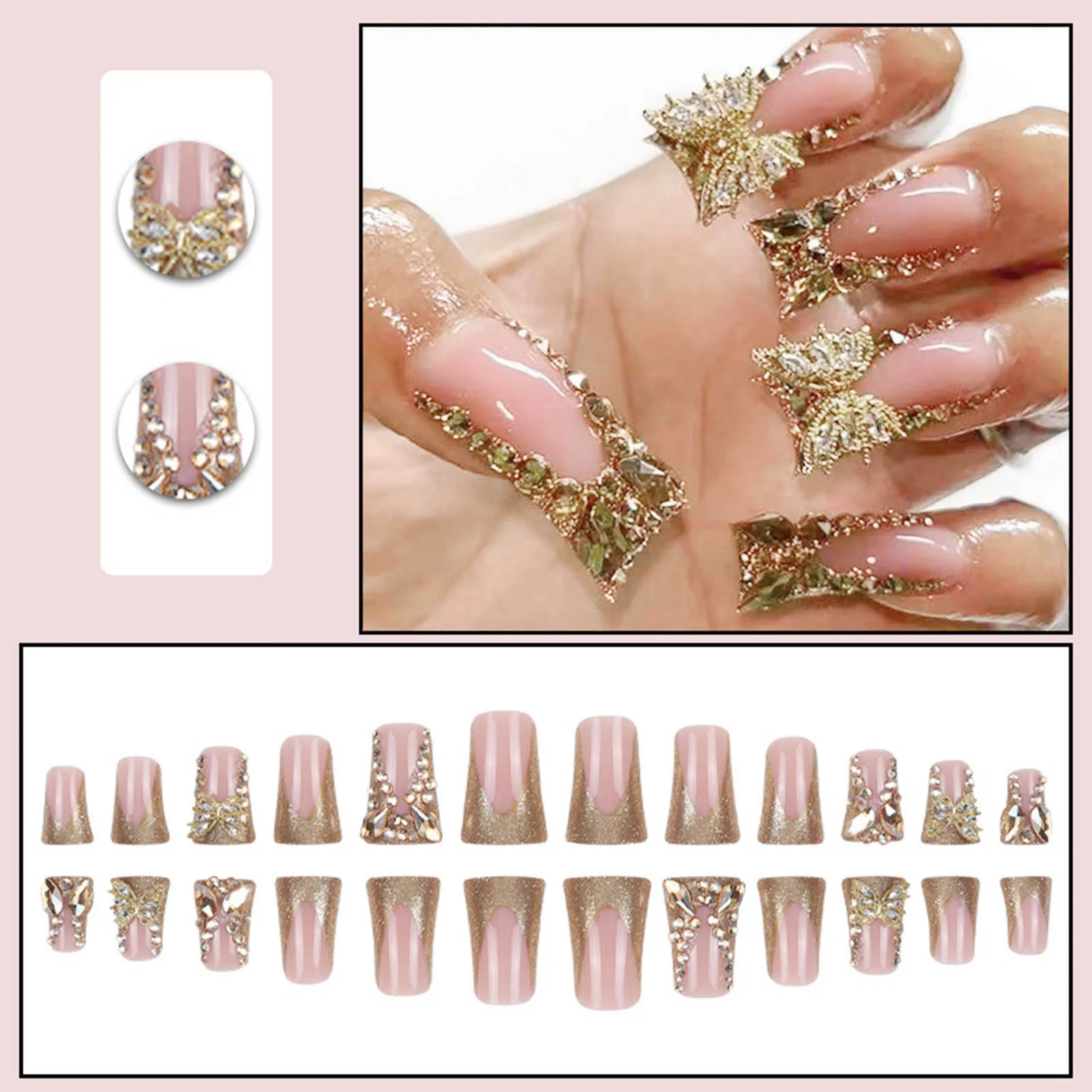 24pcs Light Luxury Press On Nails Shiny Gold French Style Duckbill False Nails Full Flash Diamond Butterfly Decor Fake Nail Tips image 2