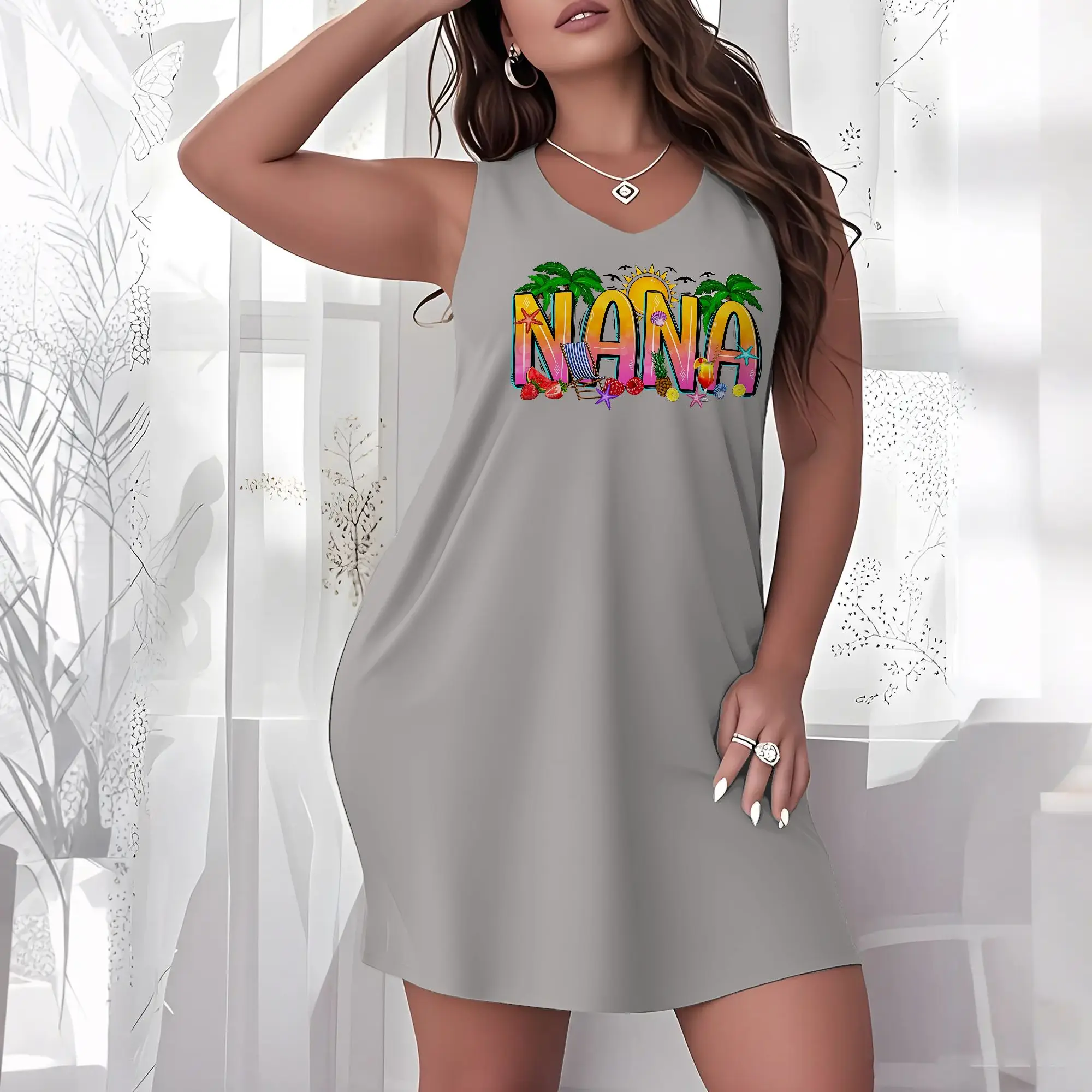 Plus Size Women Sleeveless V Neck Night Dress NANA Tropical Sunflower Palm Summer Print Loose Soft Nightgown Casual Loungewear Sleep Dress