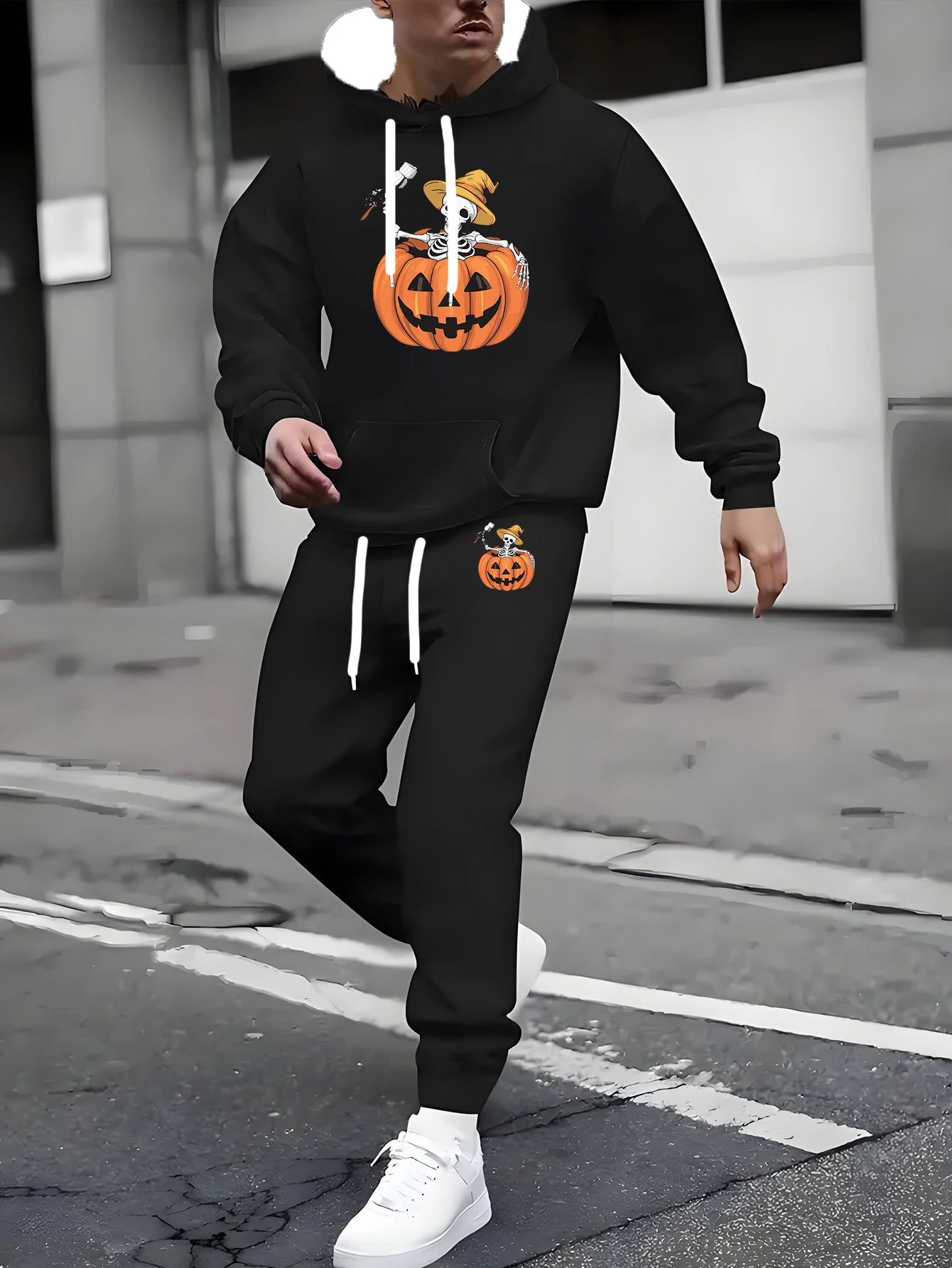

Autumn and Winter Men Hoodie Set Pumpkin Expression Printed Pattern Street Sports Hoodie Set Quick Drying Breathable Hoodie Set