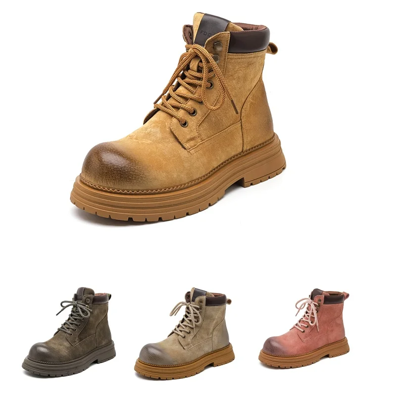 Men Boots Vintage Distressed Thick Sole Work Boots Unisex Suede Leather Round Toe Lace Up Platform Ankle Boots Multi Colors