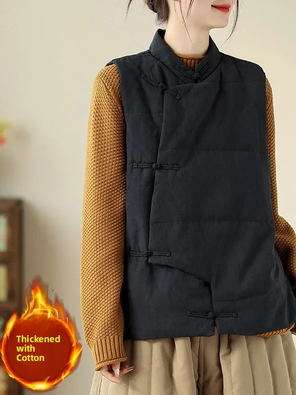 

2025 Winter New Chinese Sle Stand Collar Cotton Vest Retro National Sle Oblique Button Tea Clothes Cotton Outerwear Vest