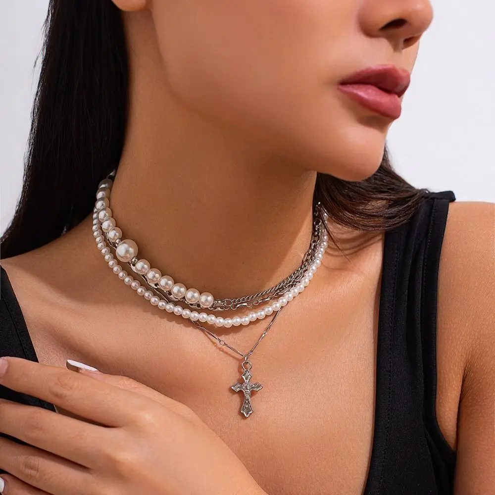 

Korean Style Multi-layered Pearl Necklace Cross Elegant Exaggerated Pearl Neckchain Banquet Wedding Women's Clavicle Chain
