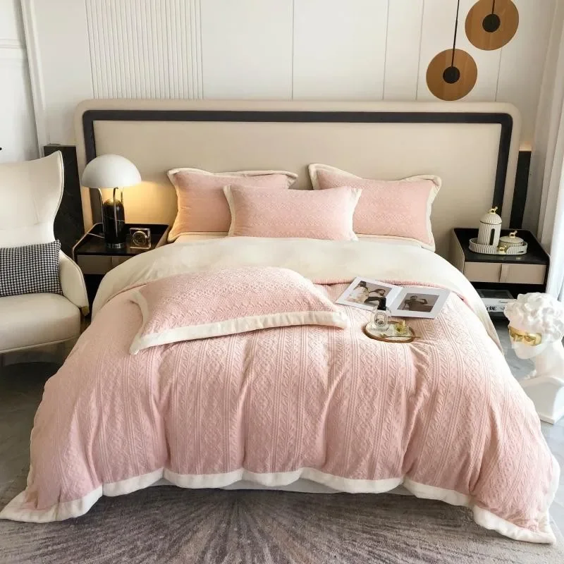 Luxurious Carved Velvet Flannel Duvet Cover Set Pink Queen King 4Pcs Ultra Soft Plush Warm Comforter Cover Bedsheet Pillowcases