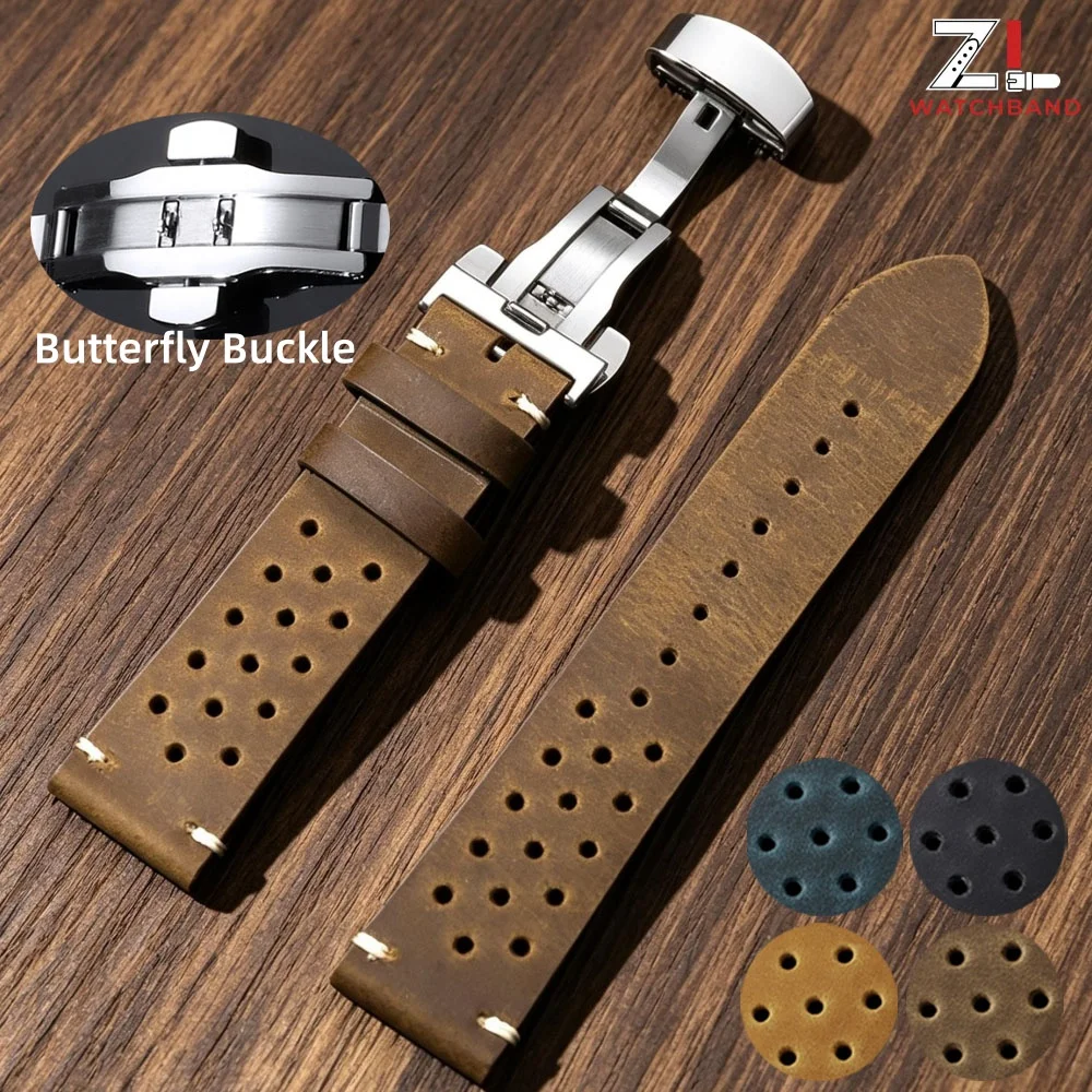 Bracelets de montre respirants et poreux 18mm 19mm 20mm 21mm 22mm 24mm avec boucle papillon, bracelet en cuir vintage pour Seiko pour Rolex