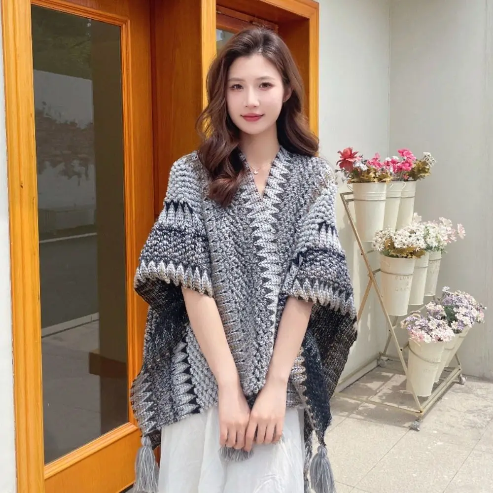 Soft Bohemian Mongolian Poncho Ethnic Style Winter Warm Knitting Wraps Polyester Striped Knitted Cape Coat Overlays