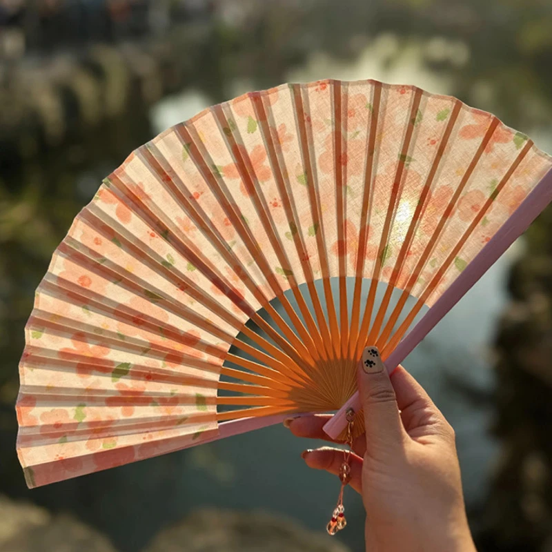 Pink Peach Blossom Pattern Folding Fan Portable Summer Cooling Daily Fan for Women Hanfu Lightweight