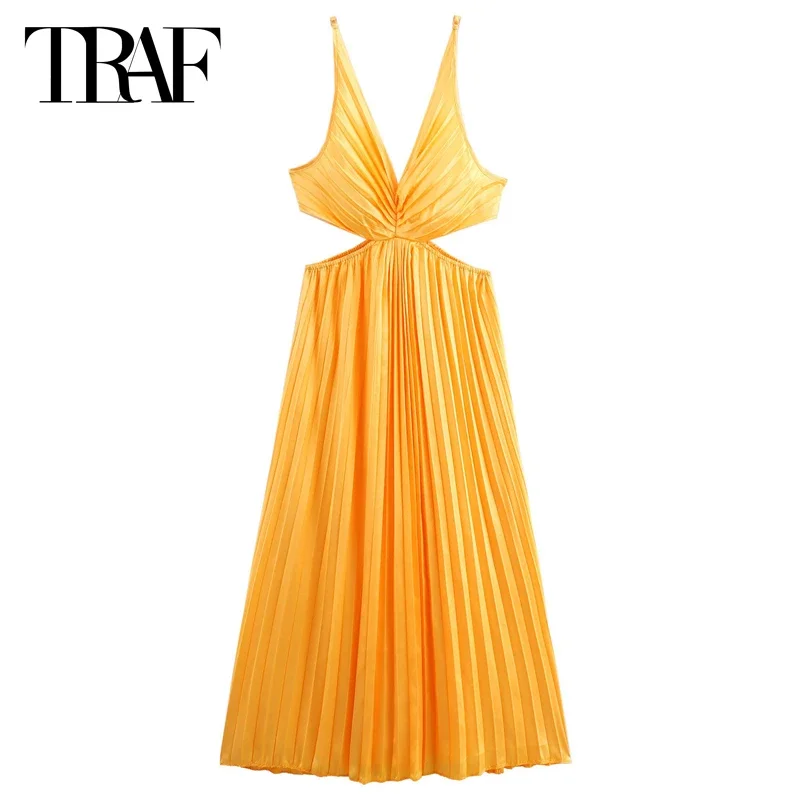 TRAF Women's Cut-Out Sleeveless Slip Dress Summer 2024 Midi Pleated Dress Orange Backless Maxi Dress Fashion High Street Dresses