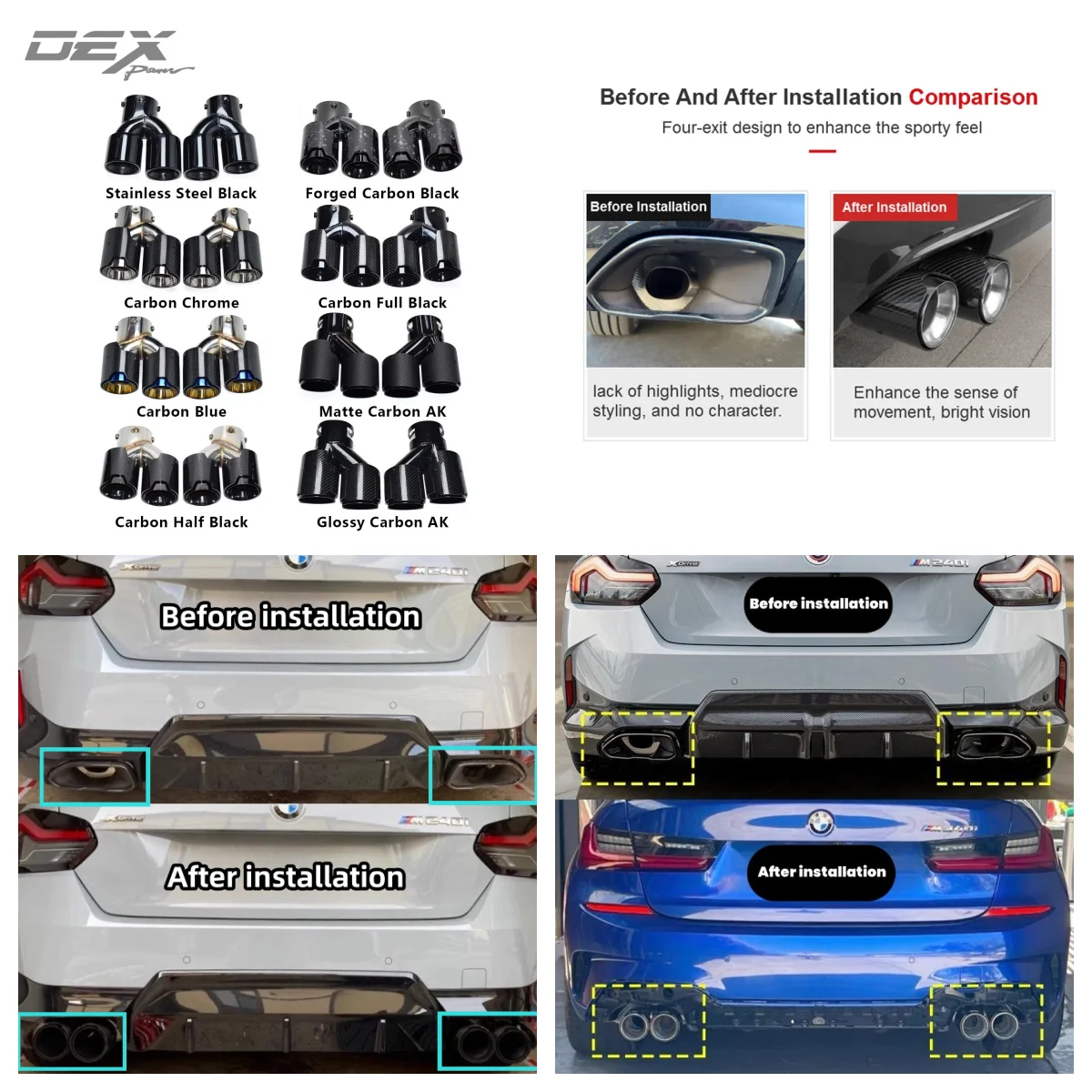 DEX Performance Styles M240 M340 M440 Exhaust Tip for G20 G21 G23 G42 Stainless Steel Quad Muffler Exhaust Nozzle Dual Tailpipe