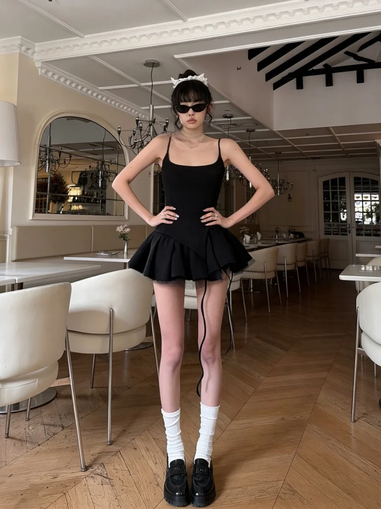Hebe Style Retro Pure Desire Spicy Girl Puffy Skirt Women's Summer New Waist Cinching Slimming Short Dress Mesh Splice