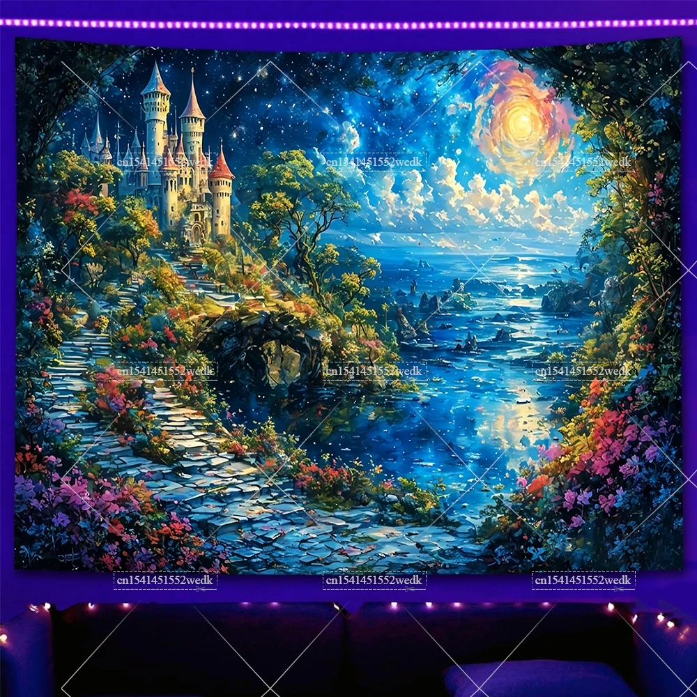 Fairy Tale Castle Blacklight Tapestry UV Reactive Neon Forest Landscape Black Light Tapestry Glow In The Dark Wall Art Decor