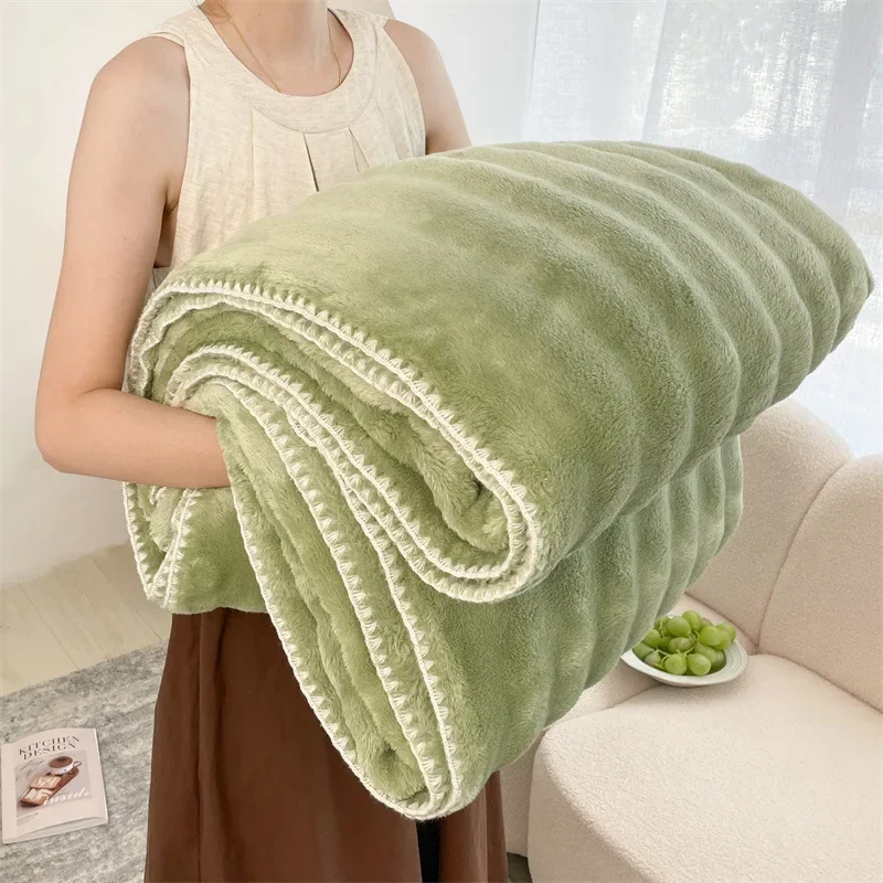 Fashion Faux Rabbit Plush Blanket with Edging Nordic Soft Warm Sofa Blanket for Office Home Comfortable Quilt for Single Double