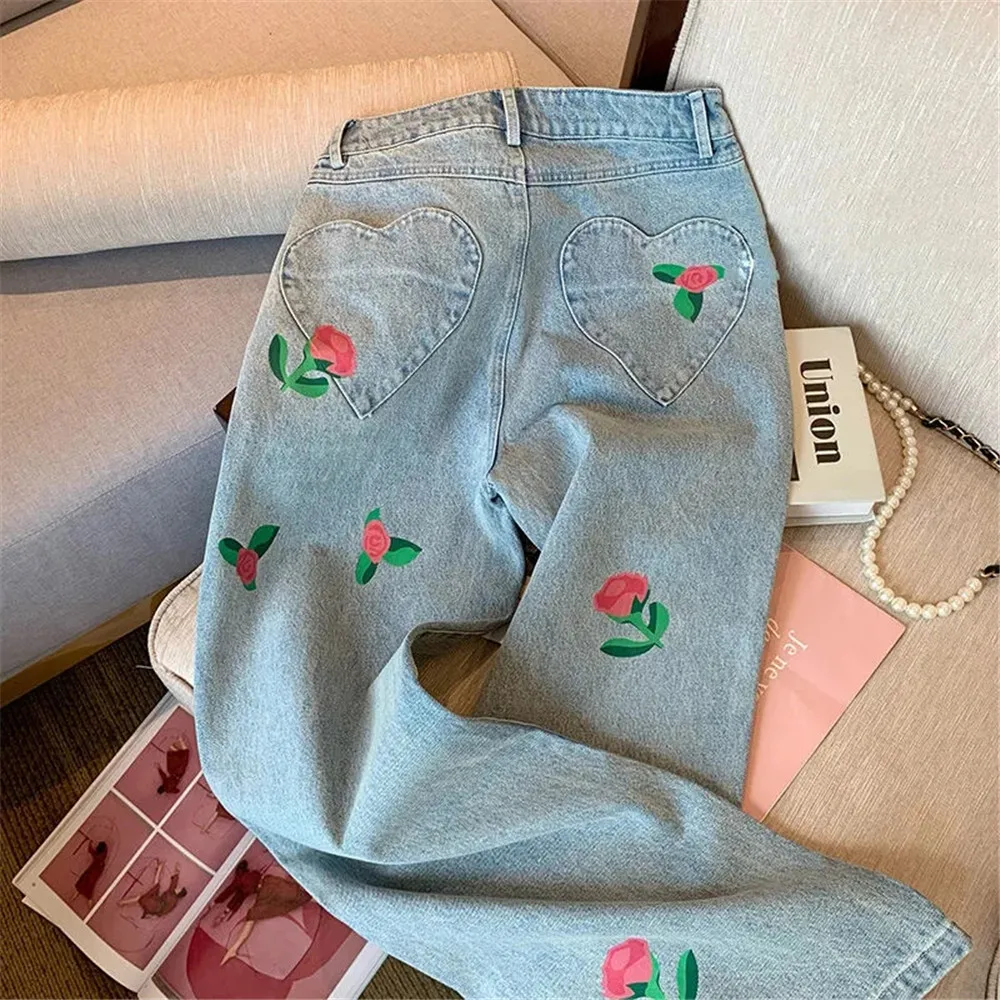 Goth Casual Loose Flowers Print Jeans Women Vintage Korean Chic Y2k Denim Pants High Waist Vintage Street Stright Denim Trousers