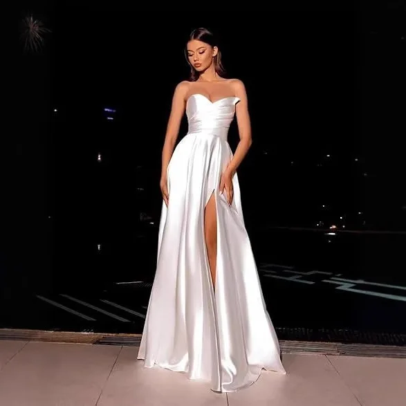 

Атласное длинное вечернее платье с вырезом «сердечко», на бретельках, с разрезом, А-силуэт, из синтетического волокна, для летних ужинов и торжеств