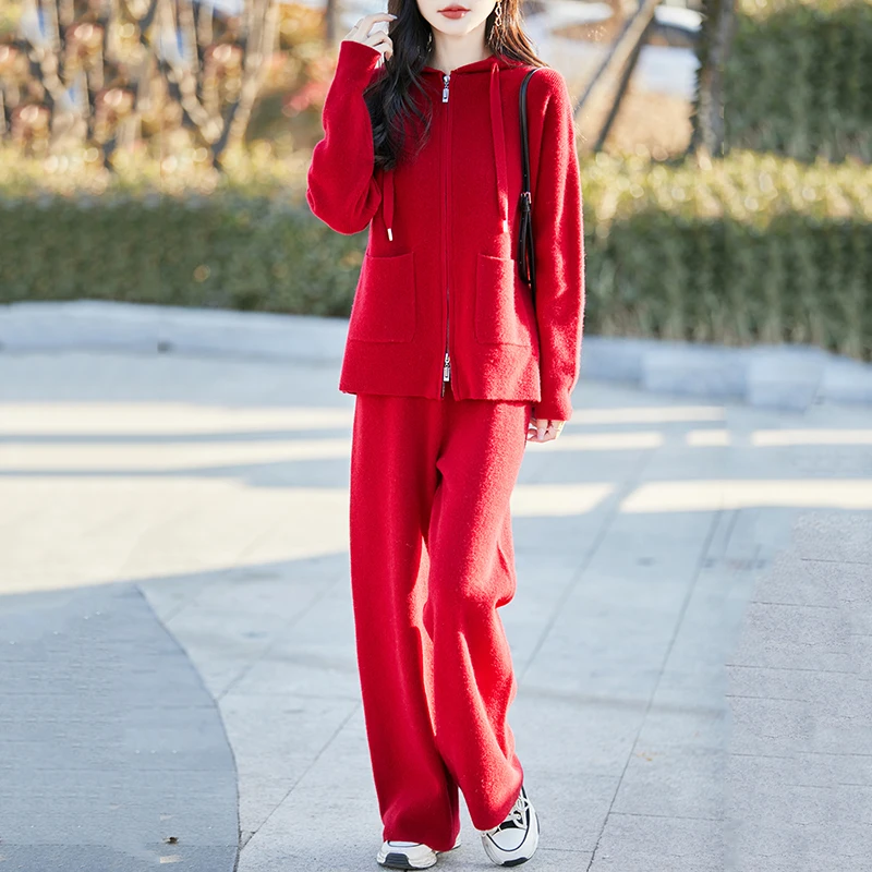 Feminino 100% lã merino terno de duas peças o-gola pulôver malhas camisola calças retas conjunto outono inverno solto confortável