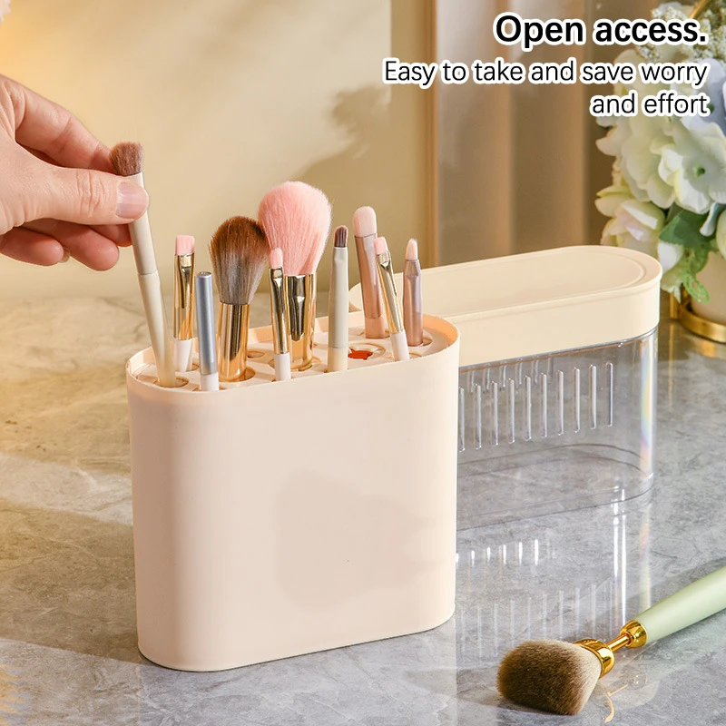 Caja de almacenamiento a prueba de polvo para brochas de maquillaje con tapa, esponja para lavadora, soporte para estante de secado y limpieza, organizador de brochas cosméticas con 13 agujeros