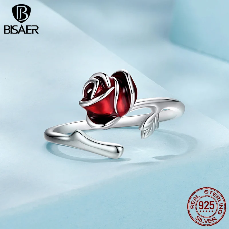 BISAER 925 Sterling Silver Red Rose Open Ring Enamel Process Adjustable Band Plated White Gold for Women Party Fine Jewelry Gift