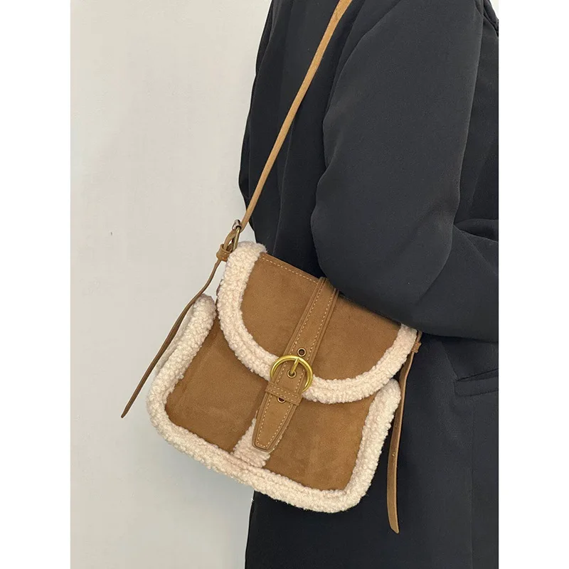 2024 NEW Autumn Winter Lamb Fur Bag Women's Korean Retro Style Small Bag Fashion Suede Plush Crossbody Bag