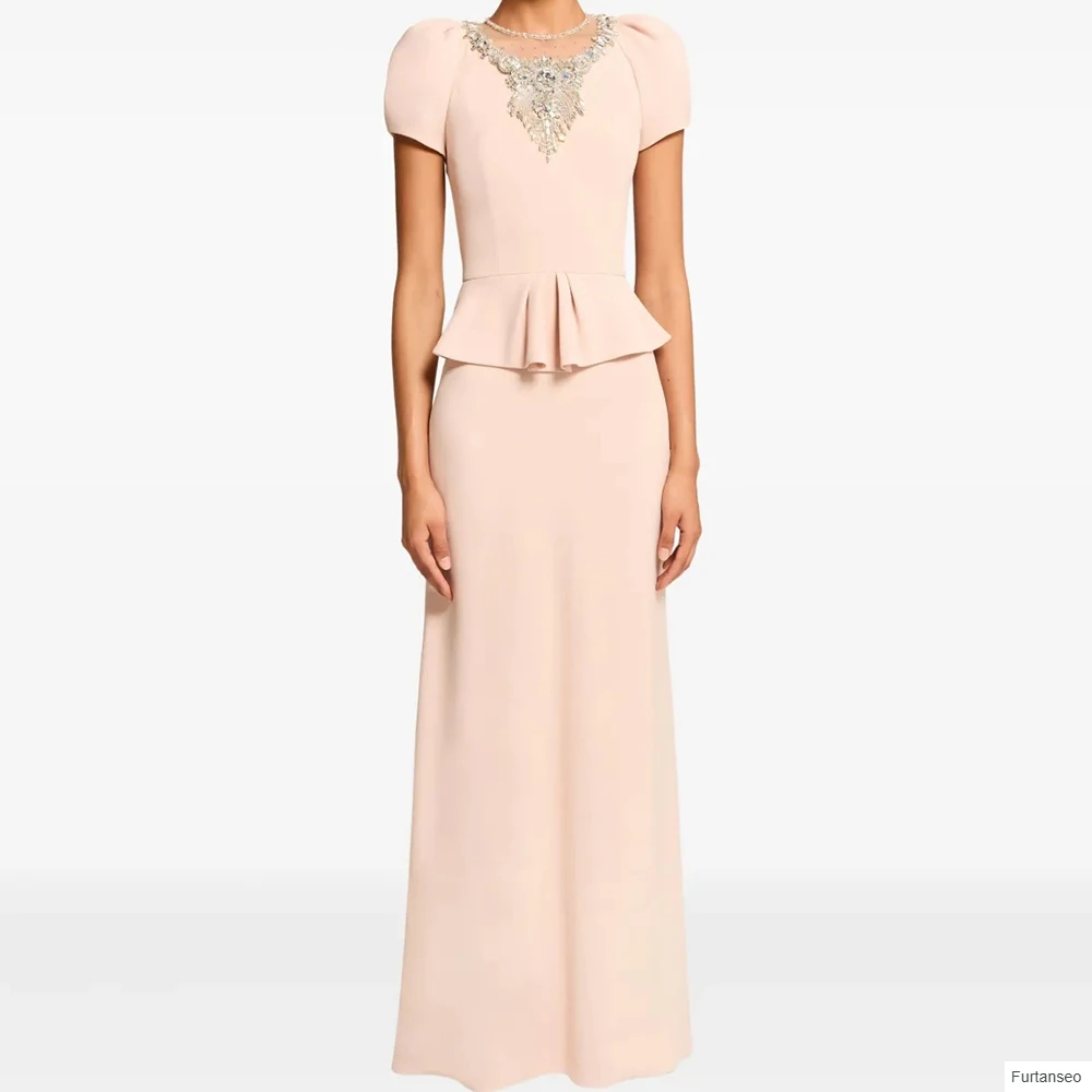 

A-line Women's Evening Dresses Floor-length O-neck Short Sleeve Prom Gown Fashion Crystal Simple Draped Customized Gowns