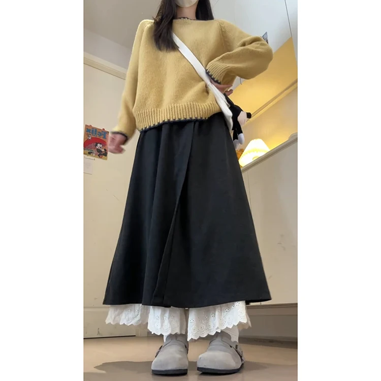 กางเกงลำลองเอวสูงผ้าลูกไม้สำหรับผู้หญิง ฤดูใบไม้ร่วง ฤดูหนาว แฟชั่นใหม่ ป้องกันริ้วรอย ไซส์เล็ก กระโปรงกางเกงแบบต่อผ้า สไตล์สบายๆ