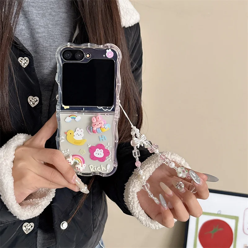 귀여운 만화 3D 무지개 토끼 삼성 Z Flip6 Z Flip5 6 갤럭시 5G zflip3 4 전화 케이스 쉘 도넛 체인 카와이 커버