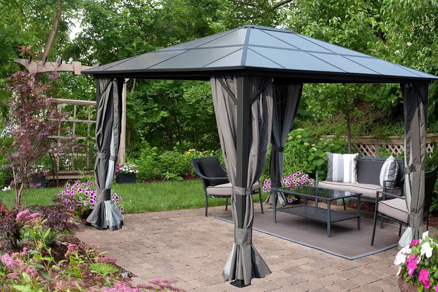 Kozyard Permanent Aluminum Hardtop Gazebo with Composite Polycarbonate Top for Outdoor Patio Lawn and Garden, Curtains