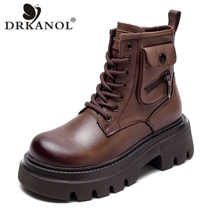 DRKANOL Chunky Platform Ankle Boots For Women Handmade Retro Genuine Cow Leather Thick High Heel Zipper Casual Short Boots Lady