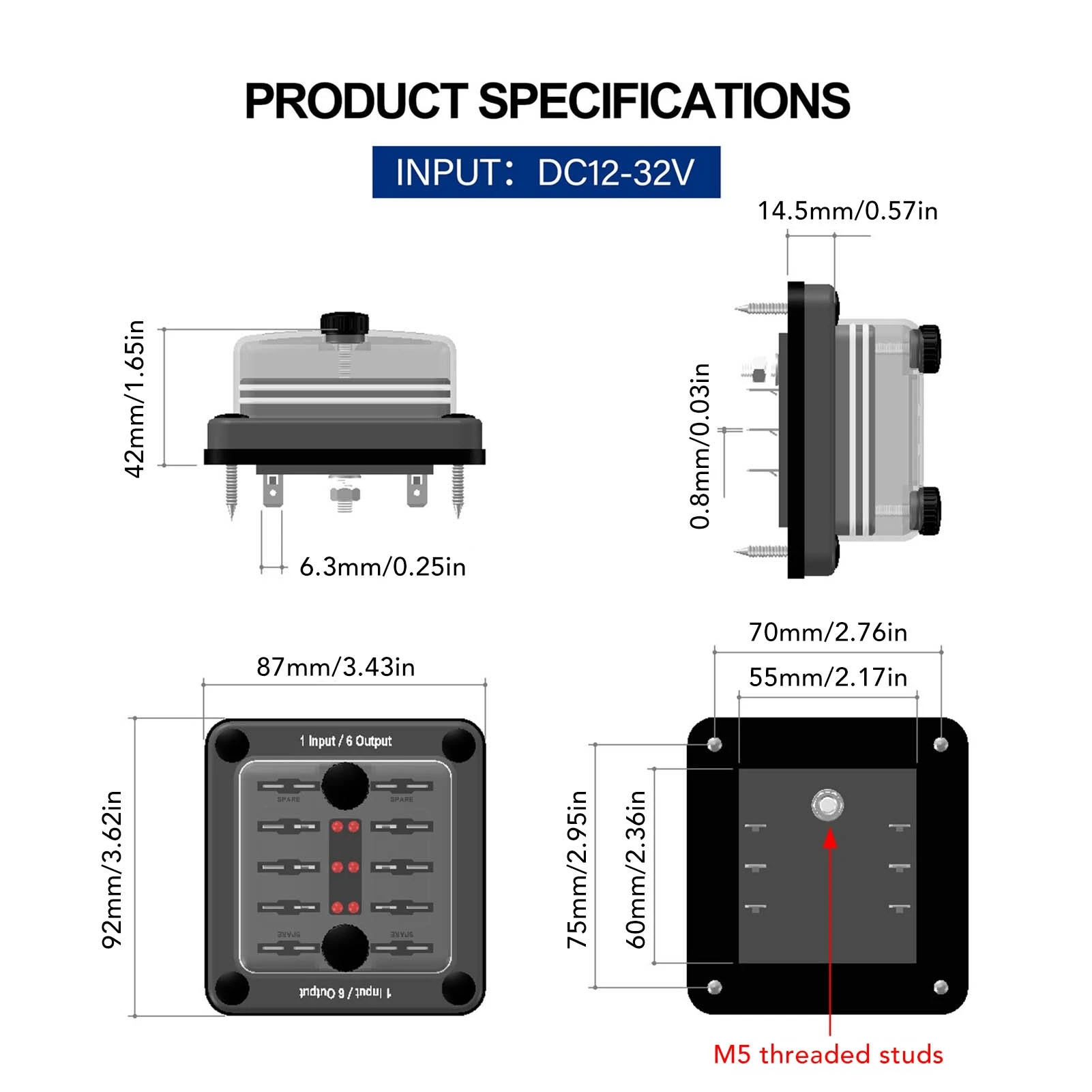 Blade Fuse Block 6 Way Fuse Box Holder Waterproof Protection with LED Warning Indicator for Car Marine Boat RV