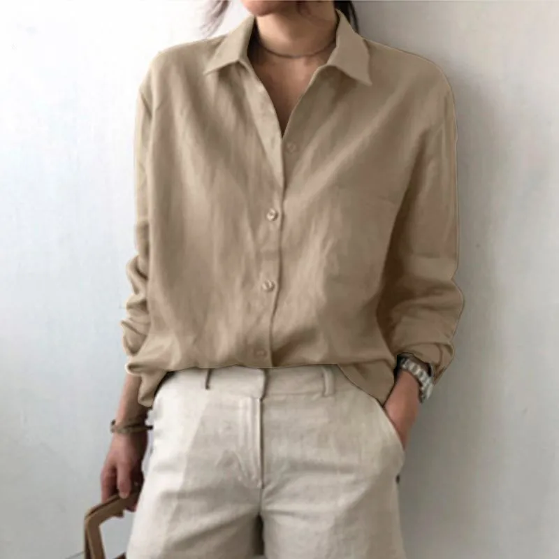 Women's Long-Sleeved Collared Button Comfortable Casual Blouse Spring Office Cotton-Linen  POLO Shirt